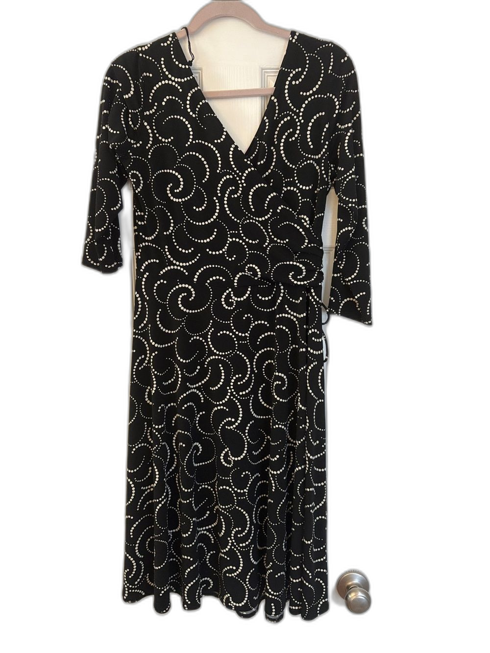 Maggy London Black White Swirl Print Faux Wrap Midi Dress Size 16